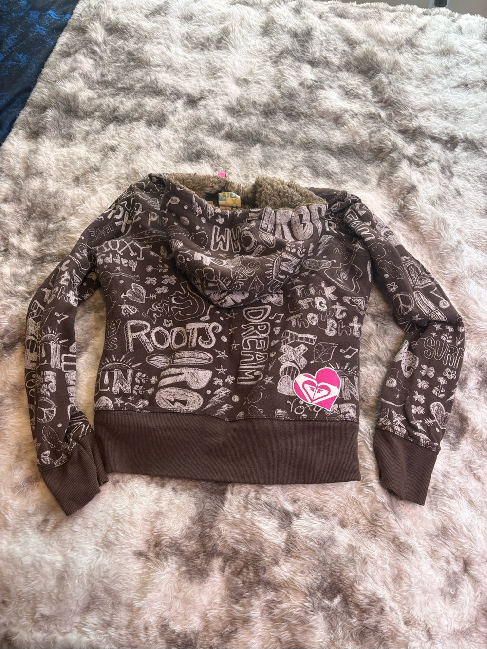 Rare Vintage Y2K Roxy Brown Graphic Zip Hoodie with Pink Drawstrings - Picture 2 of 10
